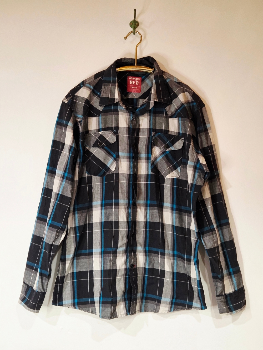 Wrangler RED Men's Western Pearl Snap Plaid Shirt Blue Black White Large